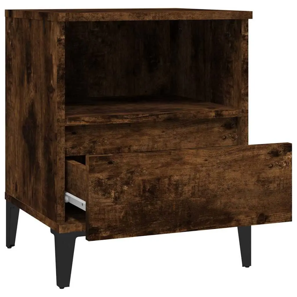 Bedside Cabinet Brown Engineered Wood Storage Nightstand with Drawer Compartment and Metal Feet