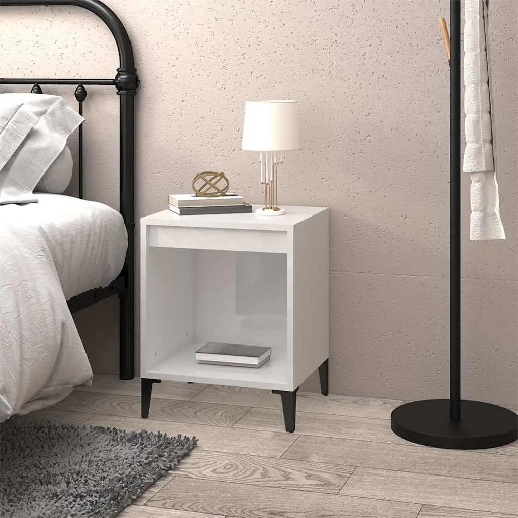 Bedside Cabinet High Gloss White Engineered Wood Nightstand Storage Table