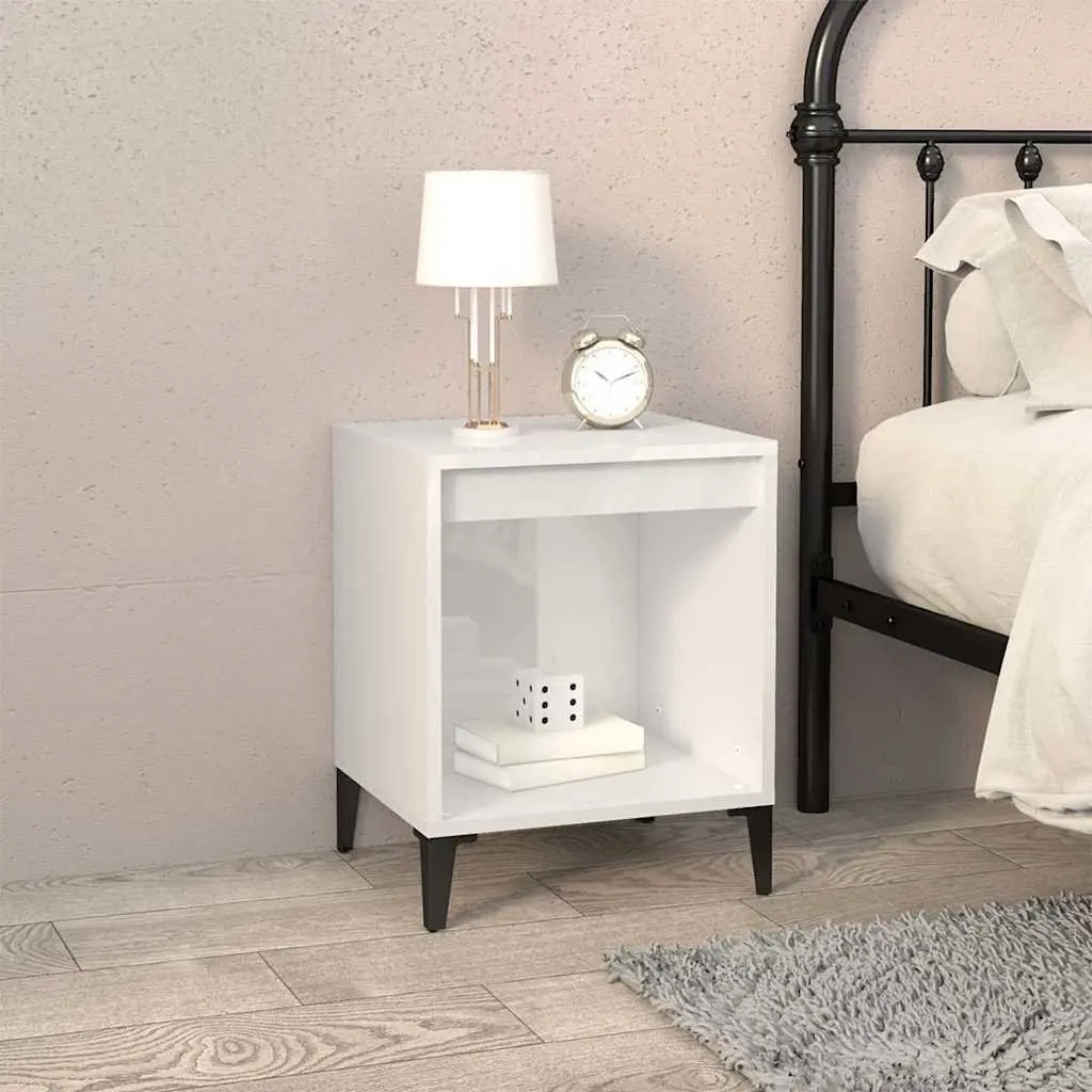 Bedside Cabinets White High Gloss 2 Piece Engineered Wood Nightstand Storage Furniture Set