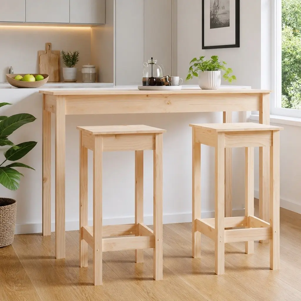 Bar Stools No Backrest Rustic Natural Solid Pine Wood 2 Piece Kitchen Dining Chairs