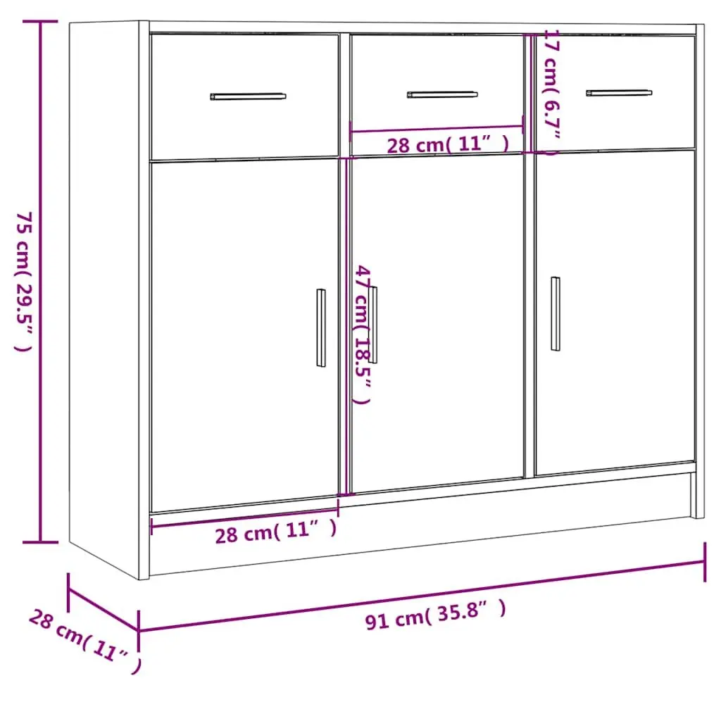 Sideboard White Engineered Wood 91x28x75cm Storage Cabinet Furniture