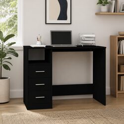 Modern Black Office Desk with Drawers and Open Compartment