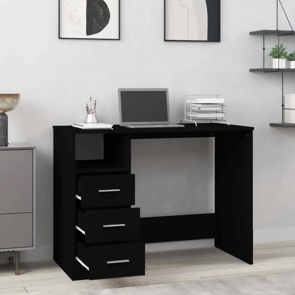Office Desk Black 3 Drawers Open Compartment Engineered Wood Study