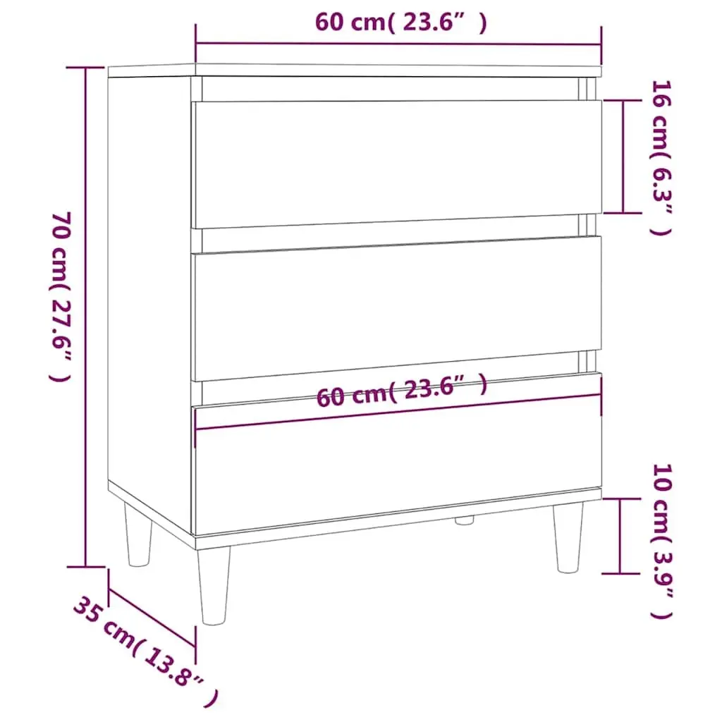 Sideboard White 60x35x70 cm Engineered Wood Storage Cabinet 3 Drawers