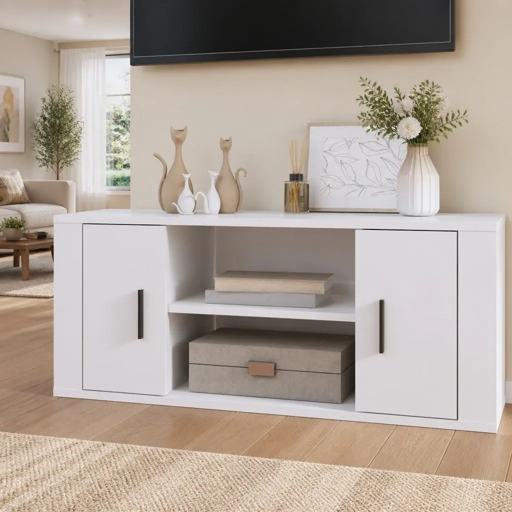 Engineered Wood TV Cabinet High Gloss White Media Unit with Storage Compartments 100x35x40cm