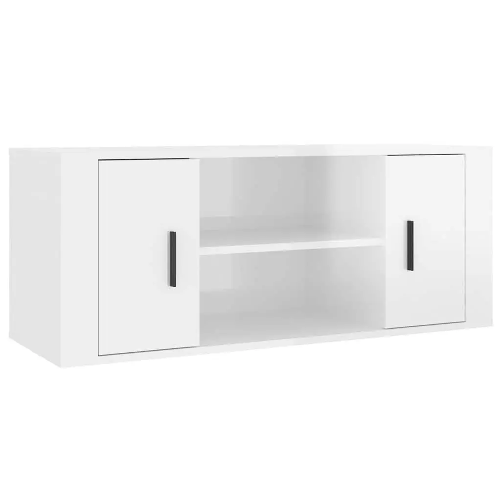 Engineered Wood TV Cabinet High Gloss White Media Unit with Storage Compartments 100x35x40cm