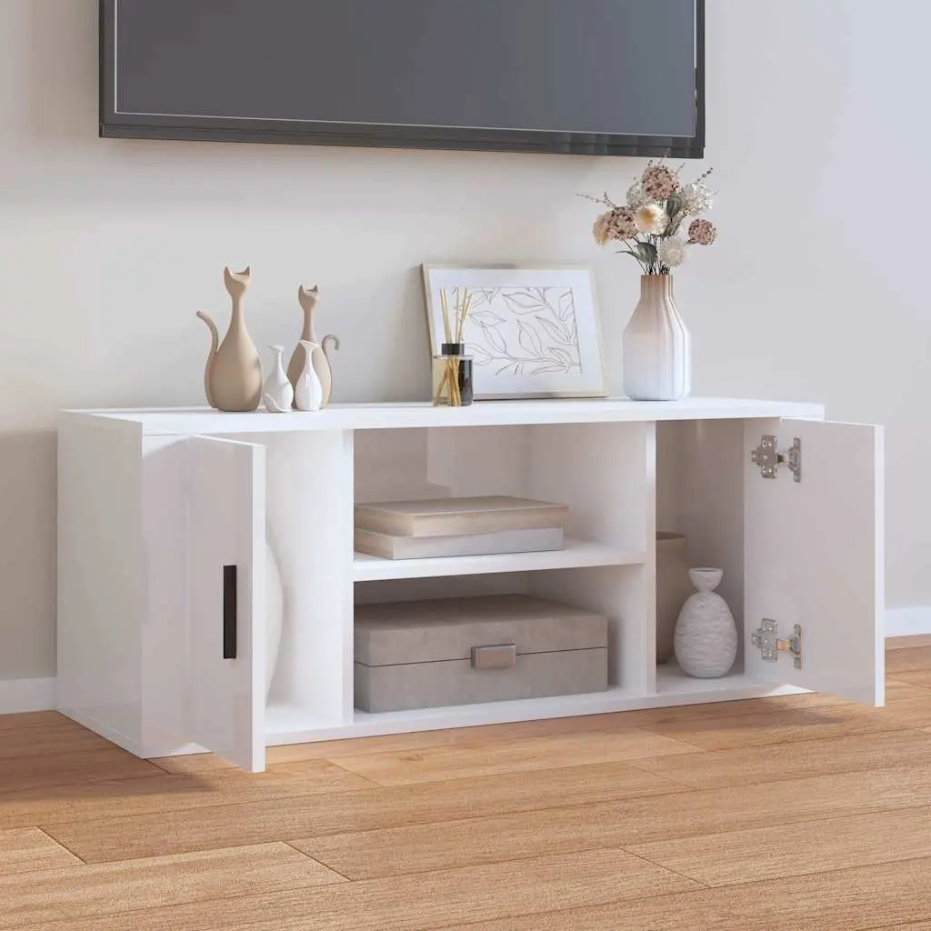 Engineered Wood TV Cabinet High Gloss White Media Unit with Storage Compartments 100x35x40cm
