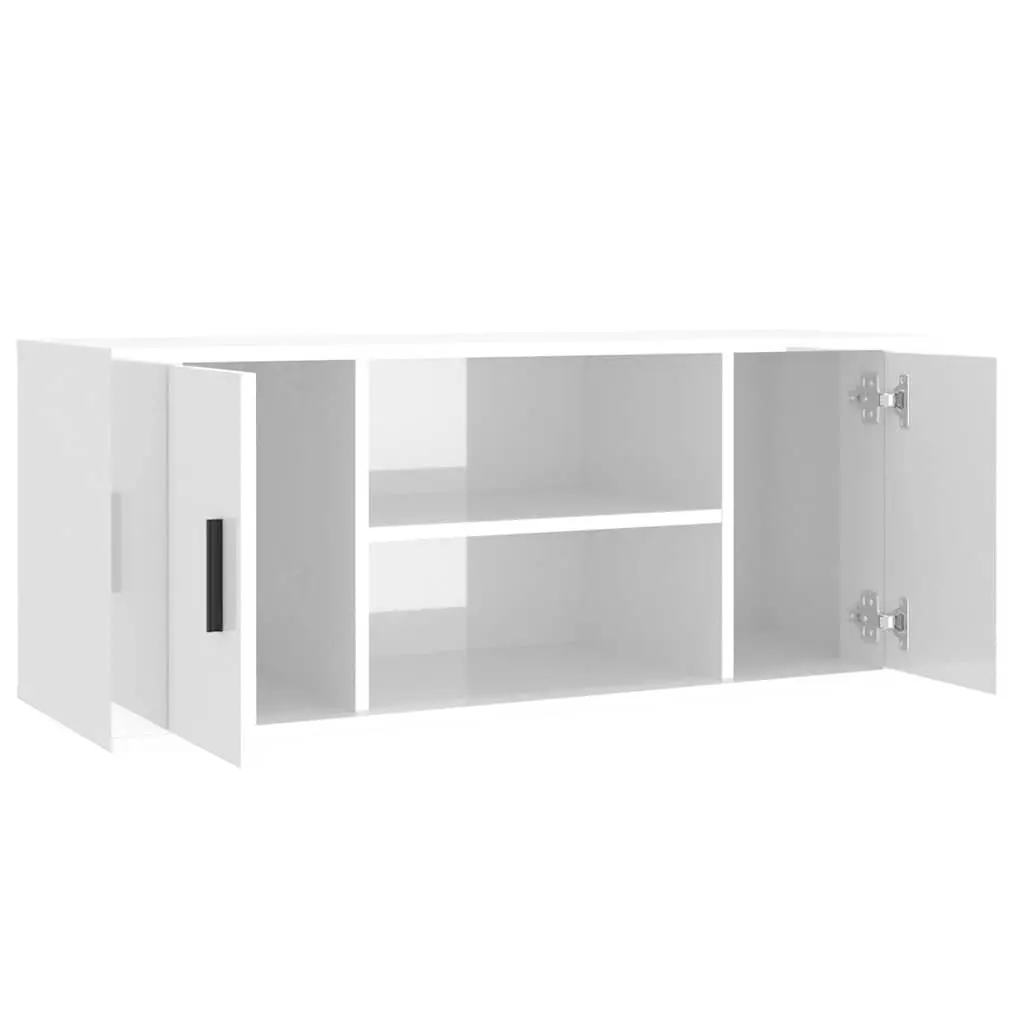 Engineered Wood TV Cabinet High Gloss White Media Unit with Storage Compartments 100x35x40cm