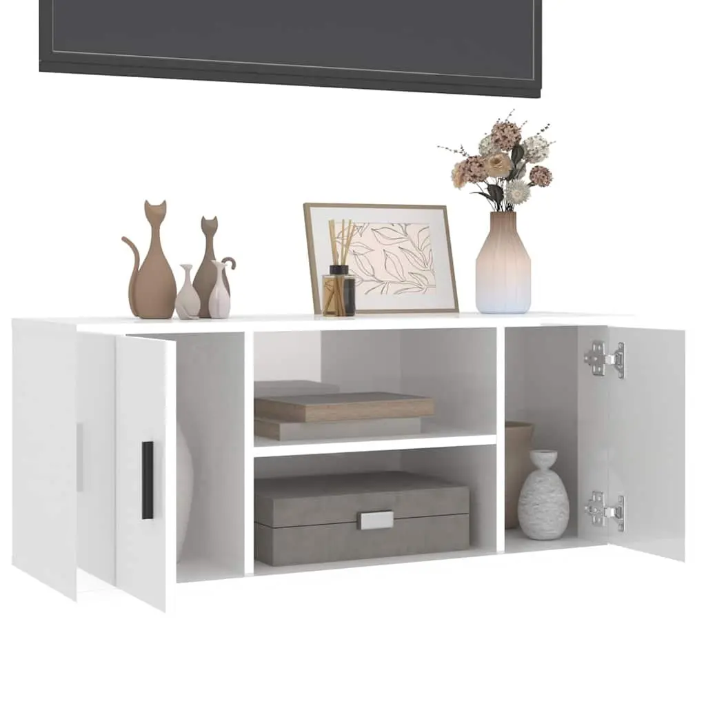 Engineered Wood TV Cabinet High Gloss White Media Unit with Storage Compartments 100x35x40cm