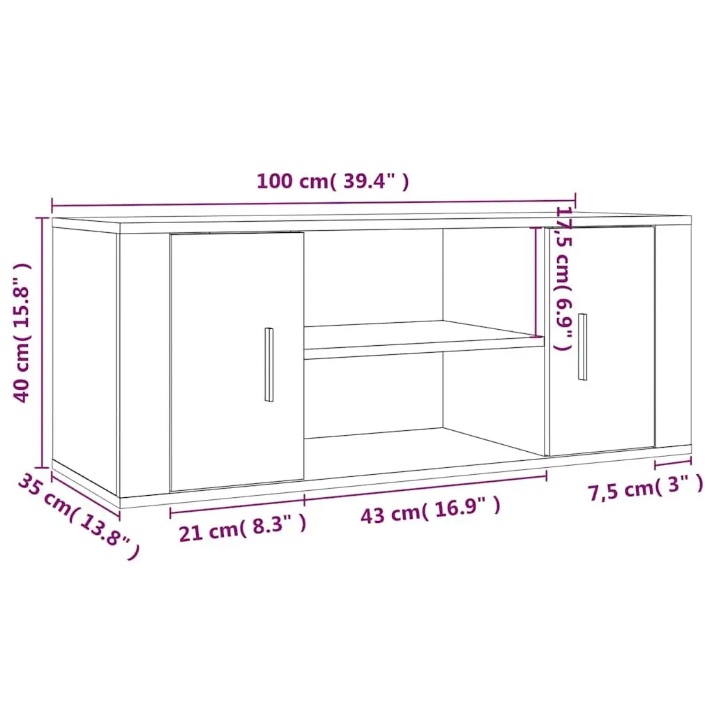 Engineered Wood TV Cabinet High Gloss White Media Unit with Storage Compartments 100x35x40cm