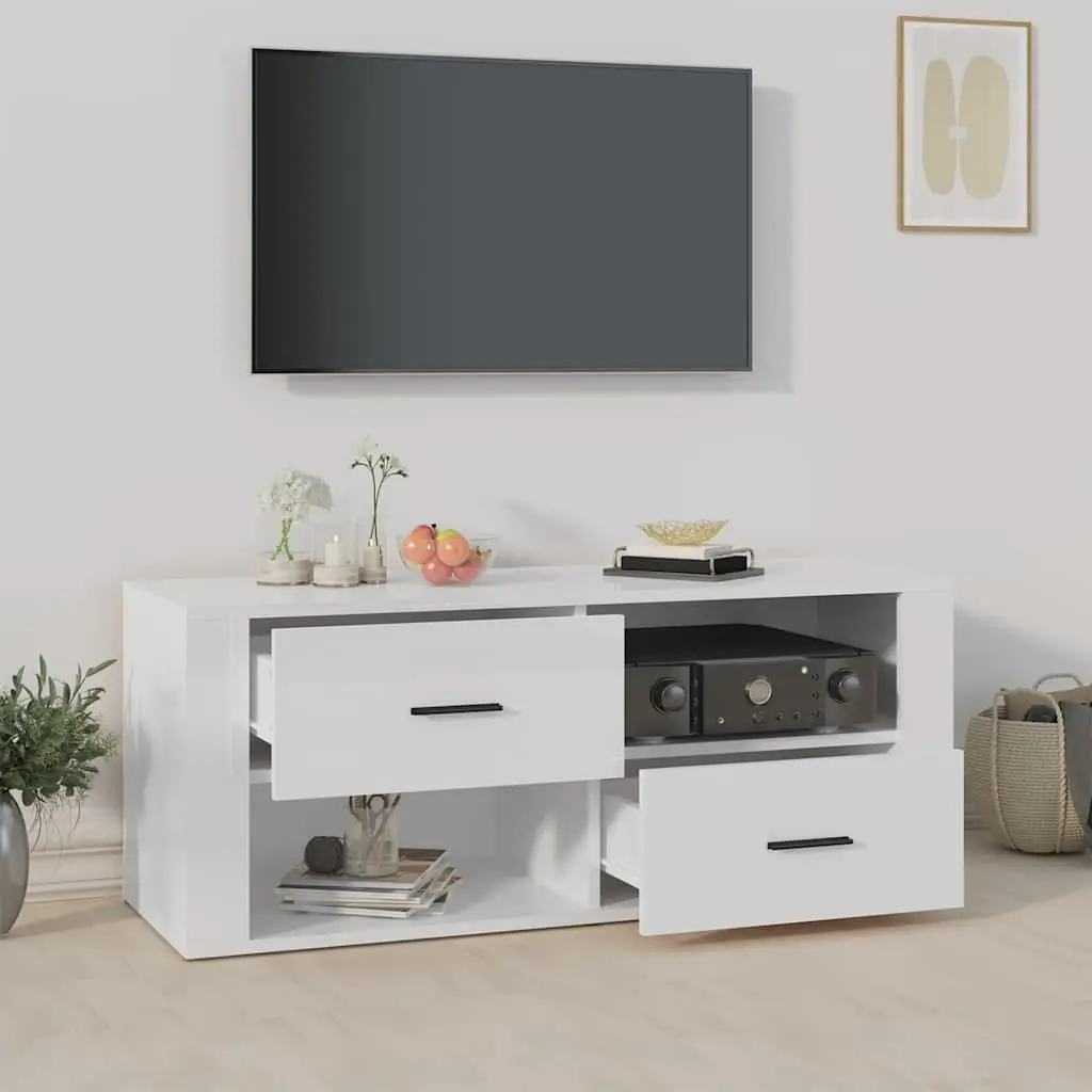 TV Cabinet High Gloss White 100cm Engineered Wood Storage Unit