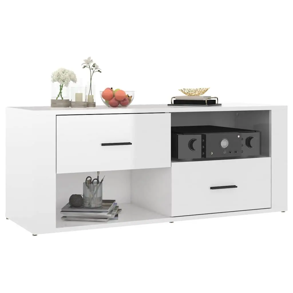 TV Cabinet High Gloss White 100cm Engineered Wood Storage Unit