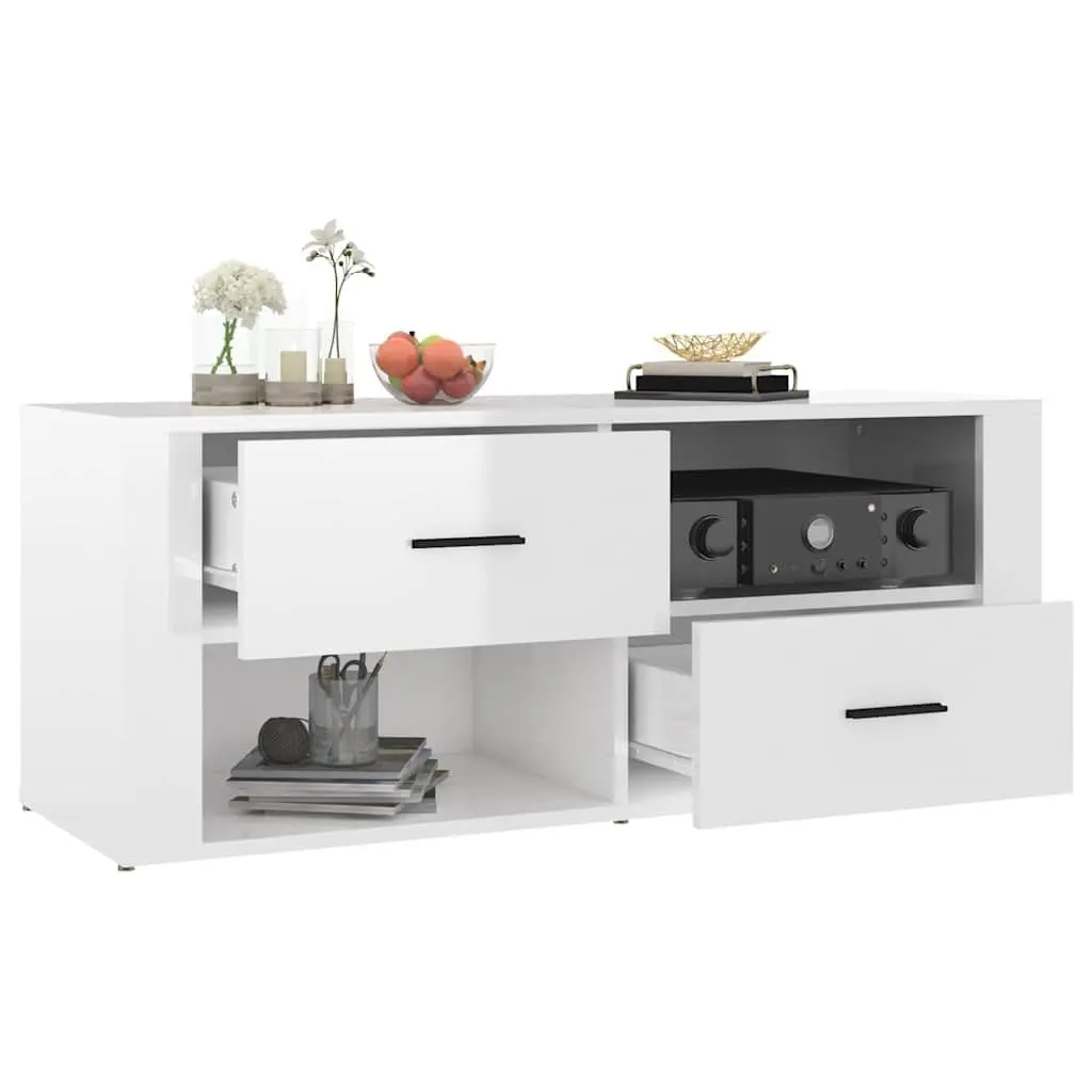 TV Cabinet High Gloss White 100cm Engineered Wood Storage Unit