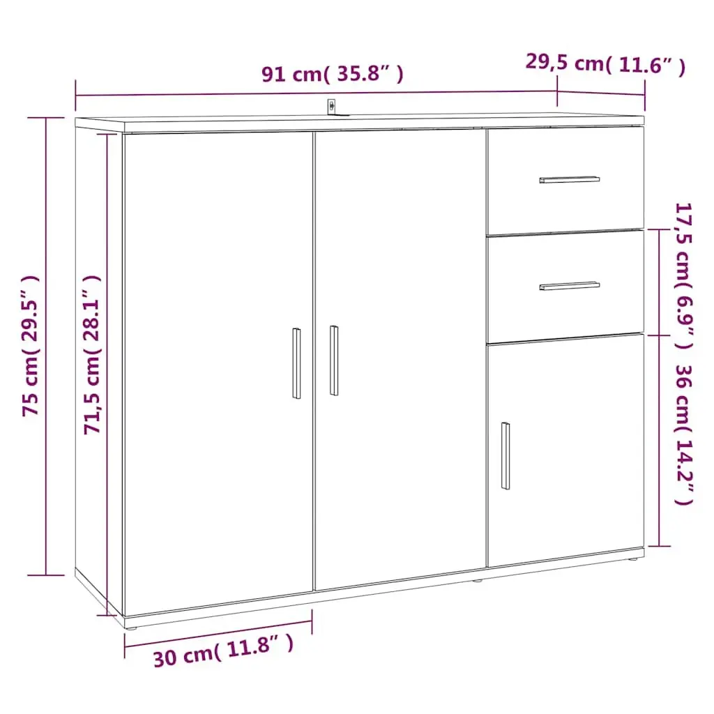 Sideboard White 91x29.5x75 cm Engineered Wood Storage Cabinet Furniture