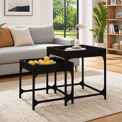 Black Engineered Wood and Steel Frame Side Table Set