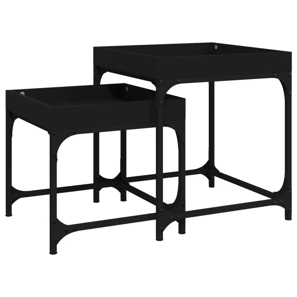 Black Side Tables 2 Piece Set Engineered Wood Steel Frame Industrial Style Coffee Accent
