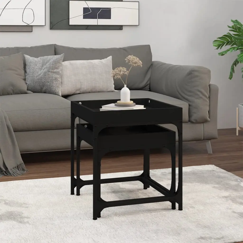 Black Side Tables 2 Piece Set Engineered Wood Steel Frame Industrial Style Coffee Accent