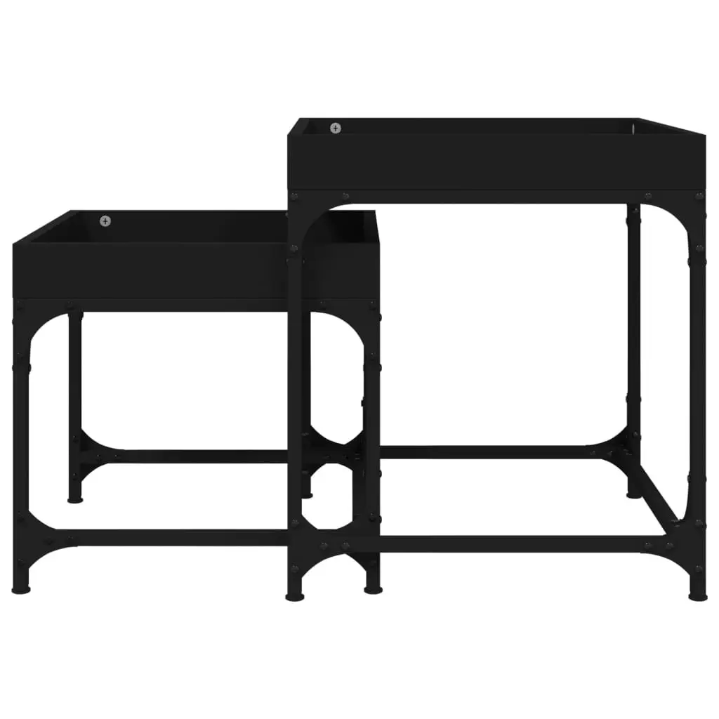 Black Side Tables 2 Piece Set Engineered Wood Steel Frame Industrial Style Coffee Accent
