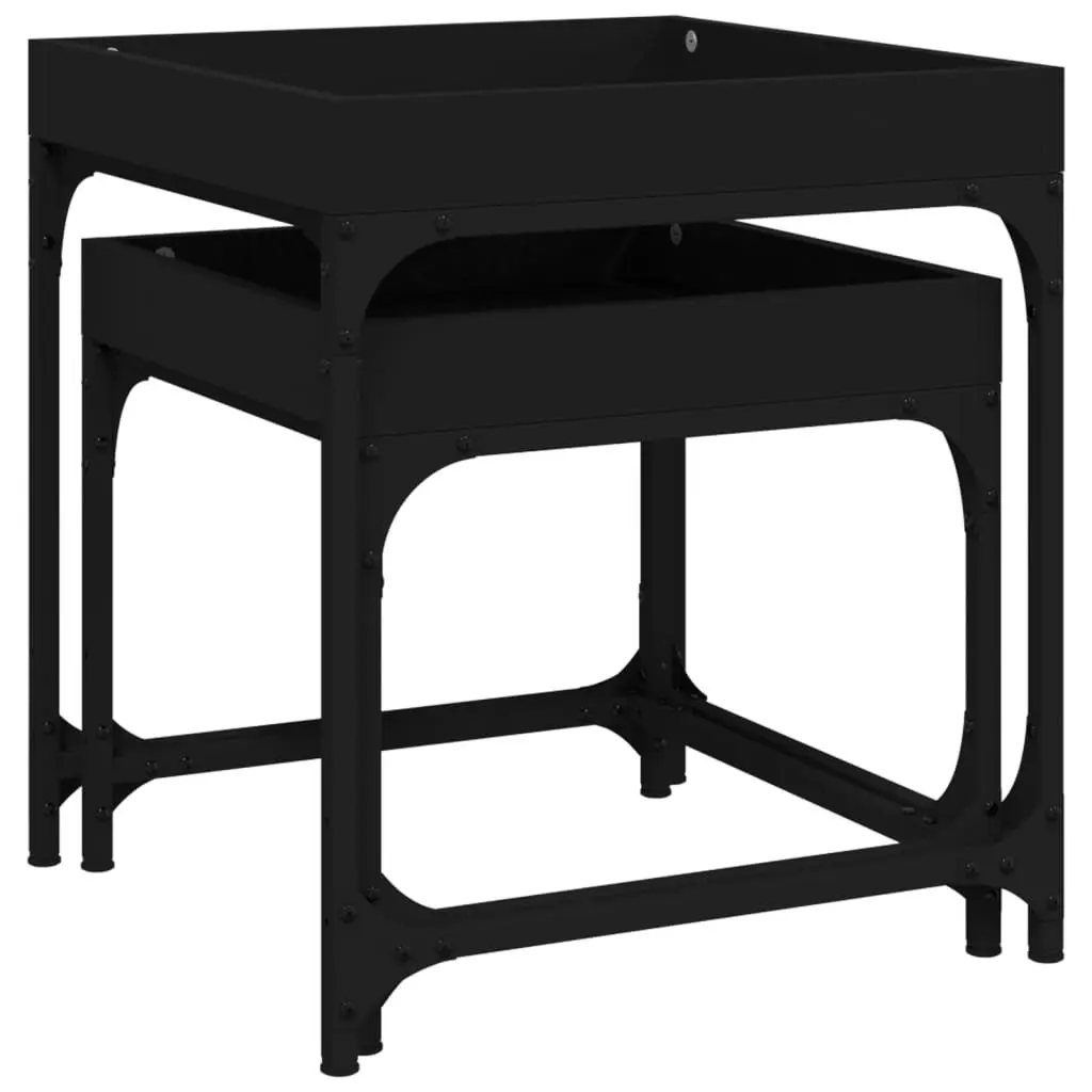 Black Side Tables 2 Piece Set Engineered Wood Steel Frame Industrial Style Coffee Accent