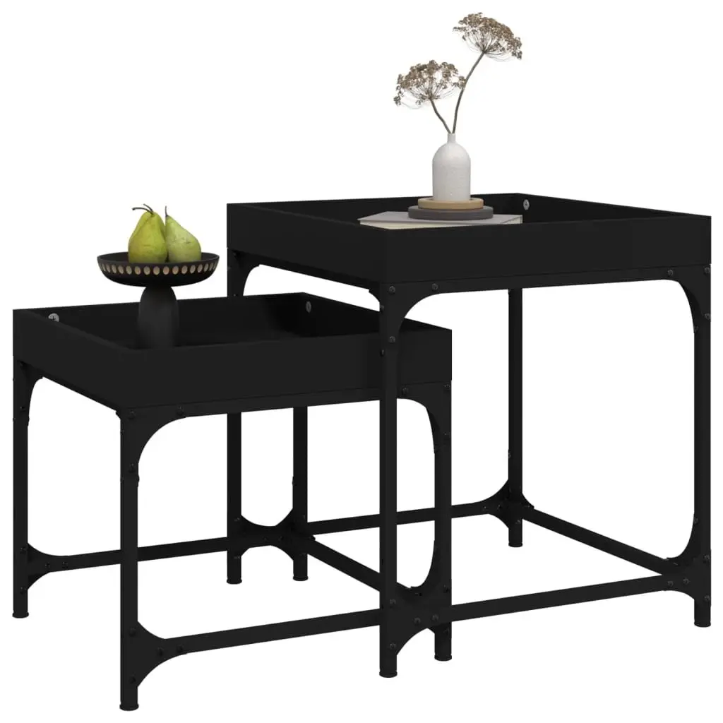 Black Side Tables 2 Piece Set Engineered Wood Steel Frame Industrial Style Coffee Accent