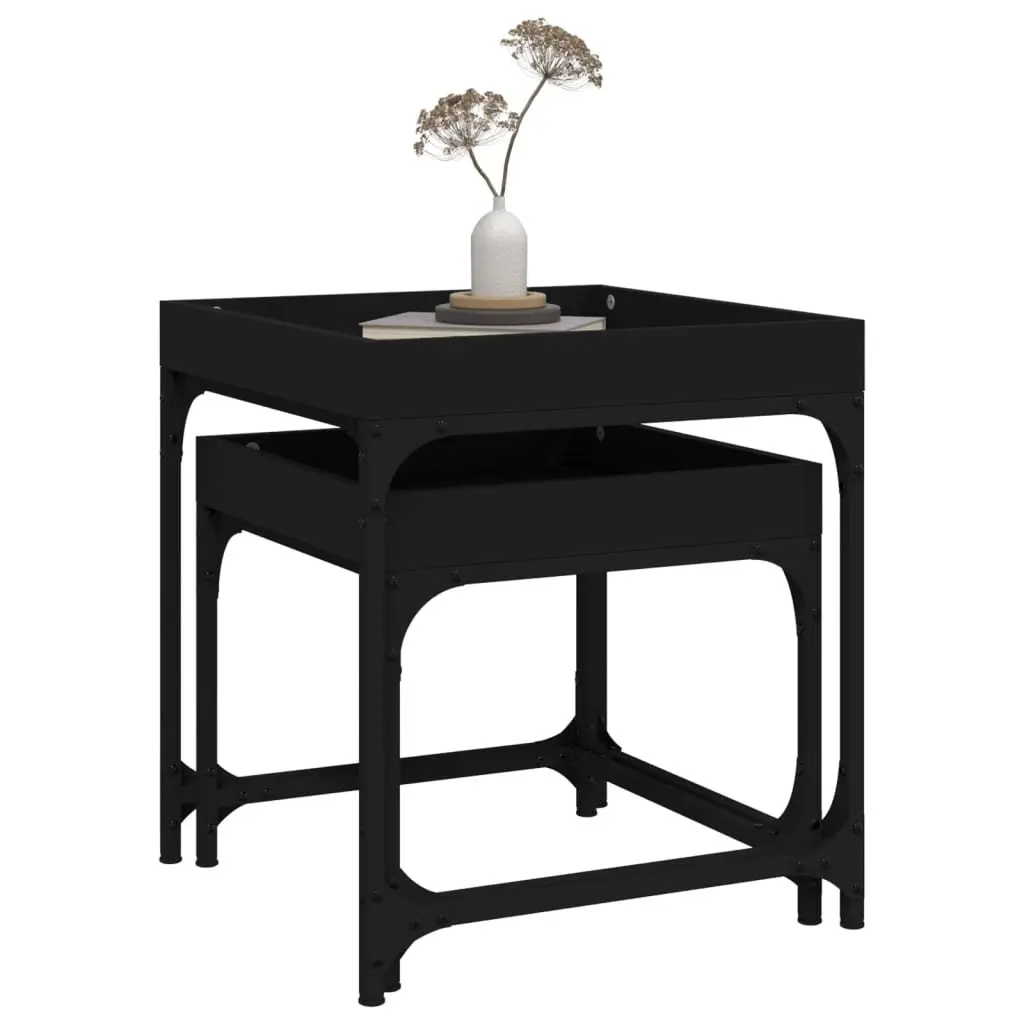 Black Side Tables 2 Piece Set Engineered Wood Steel Frame Industrial Style Coffee Accent