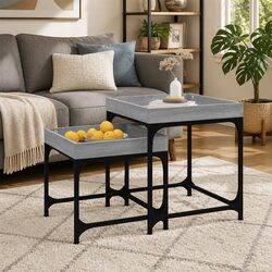 Set of 2 Grey Engineered Wood Side Tables for Living Room