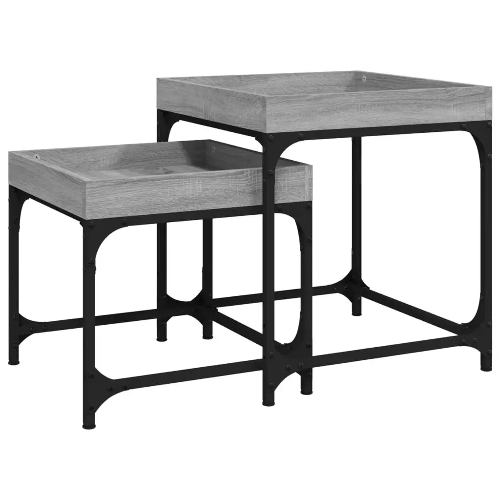 Set of 2 Industrial Style Grey Engineered Wood Side Tables with Steel Frame for Living Room Accent Storage