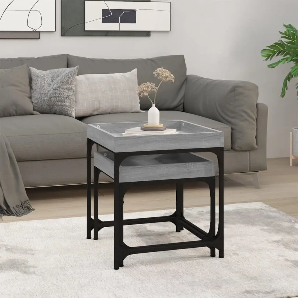 Set of 2 Industrial Style Grey Engineered Wood Side Tables with Steel Frame for Living Room Accent Storage