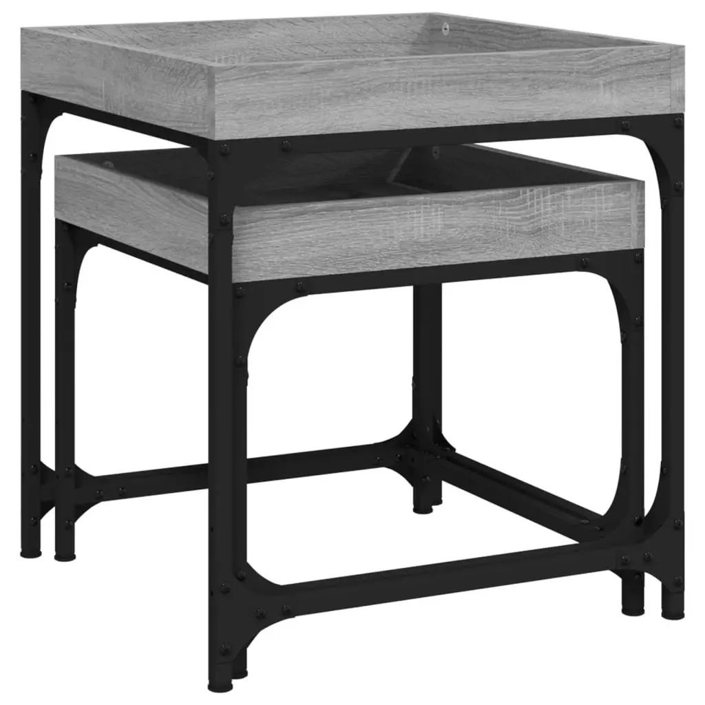 Set of 2 Industrial Style Grey Engineered Wood Side Tables with Steel Frame for Living Room Accent Storage