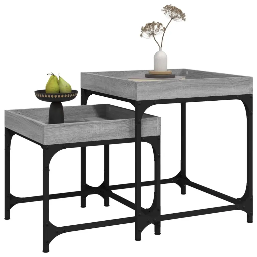 Set of 2 Industrial Style Grey Engineered Wood Side Tables with Steel Frame for Living Room Accent Storage