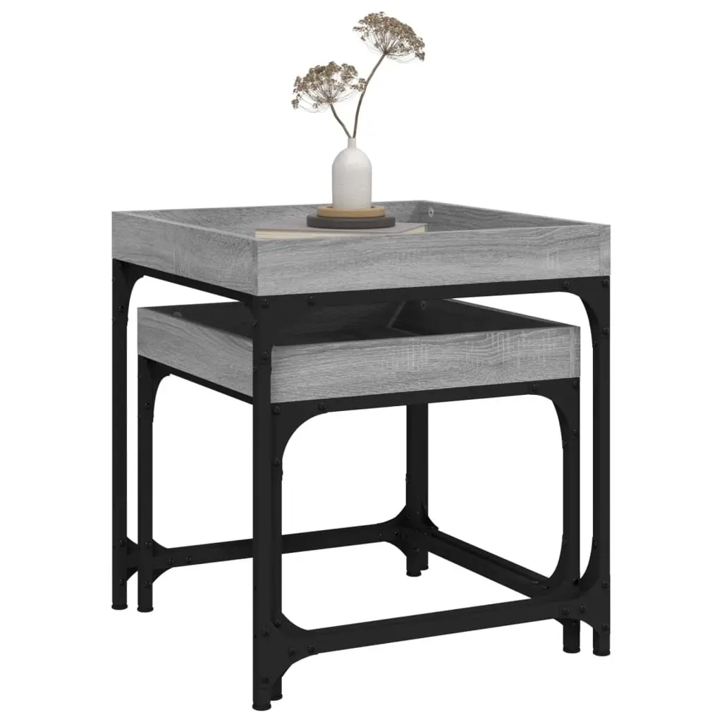 Set of 2 Industrial Style Grey Engineered Wood Side Tables with Steel Frame for Living Room Accent Storage