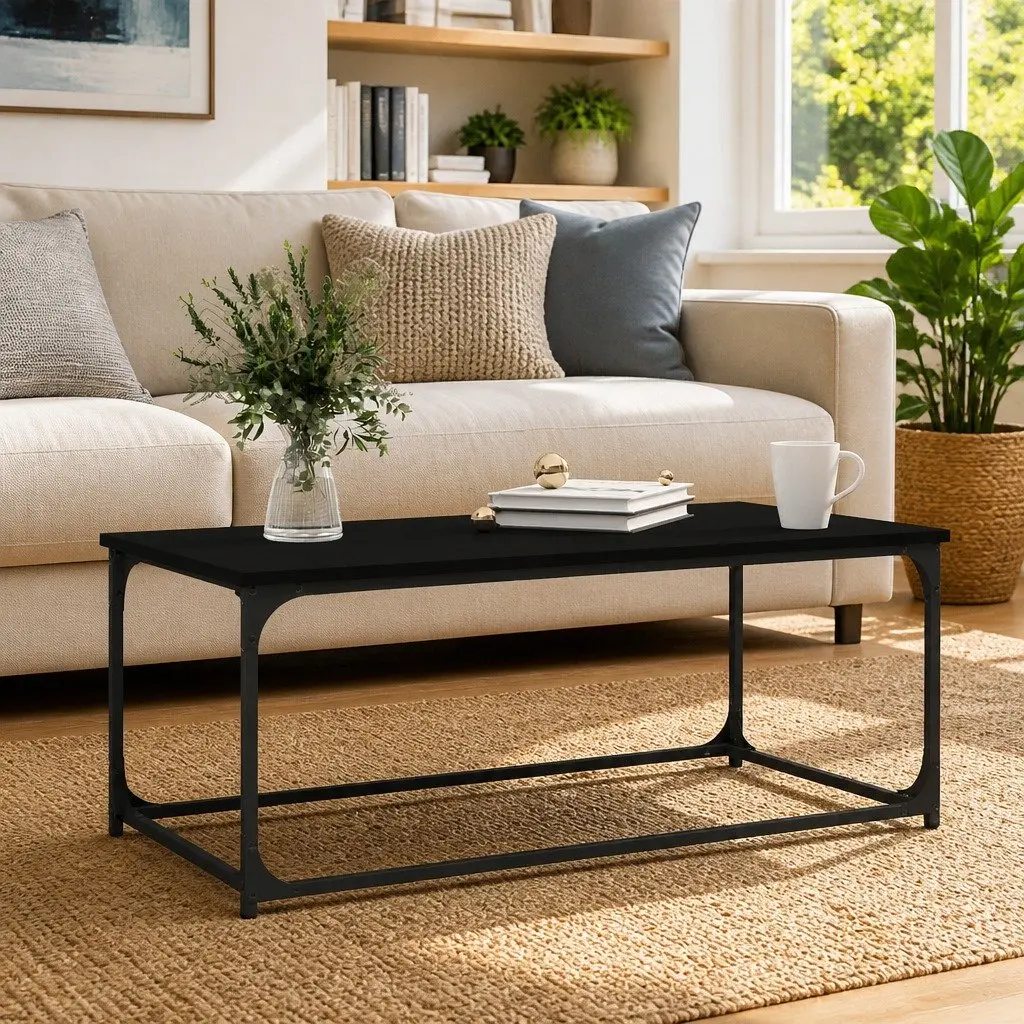 Coffee Table Engineered Wood Top Iron Frame Black Compact Accent Furniture 102cm x 50cm x 40cm