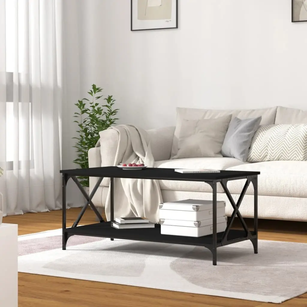 Coffee Table Black Iron Frame Engineered Wood Top with Storage 100cm x 50cm x 45cm