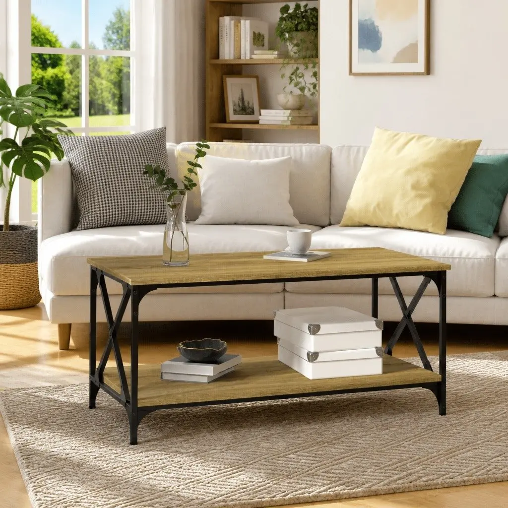Brown Coffee Table with Open Shelf Iron Frame Engineered Wood Living Room Accent 100x50x45cm