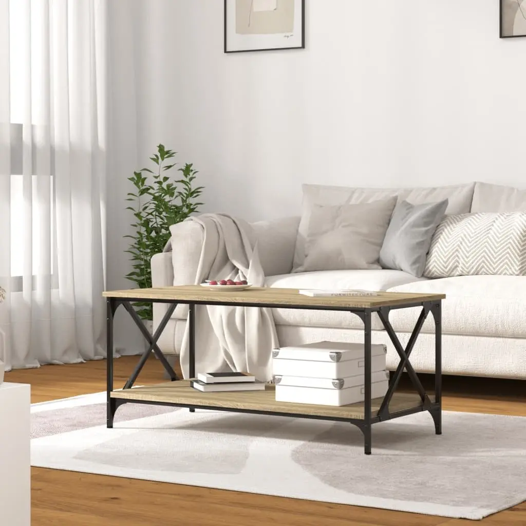 Brown Coffee Table with Open Shelf Iron Frame Engineered Wood Living Room Accent 100x50x45cm