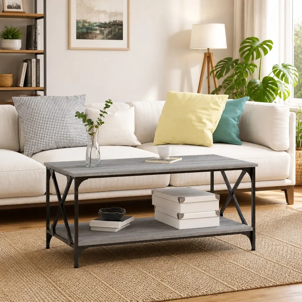 Coffee Table Grey Engineered Wood 100 x 50 x 45 cm Iron Frame