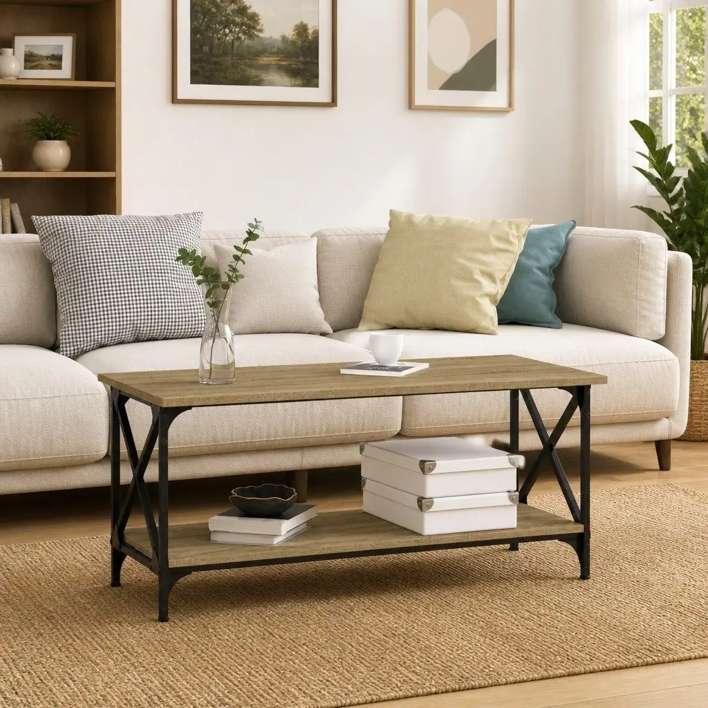 Coffee Table Black Engineered Wood Iron Frame 100cm Living Room Accent Furniture