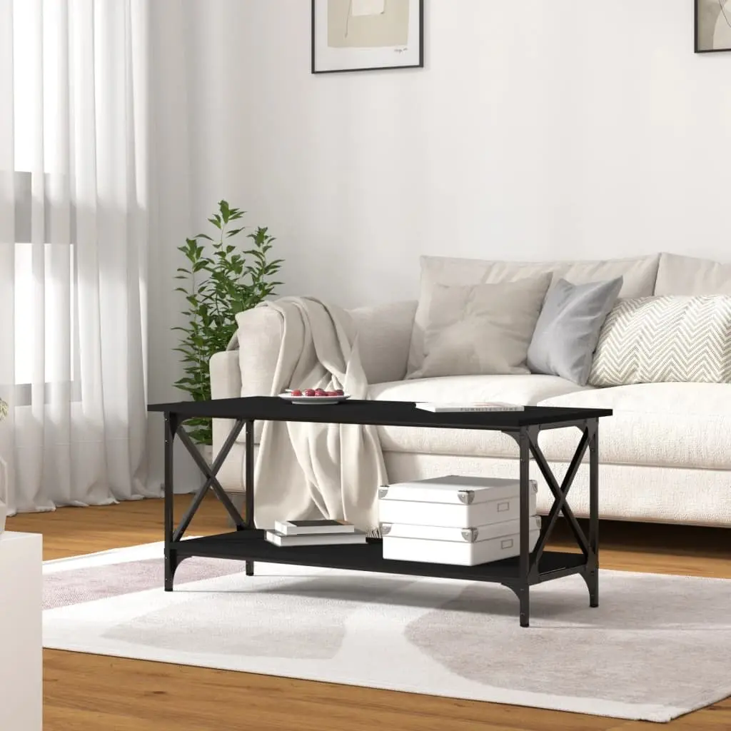 Coffee Table Black Engineered Wood Iron Frame 100cm Living Room Accent Furniture