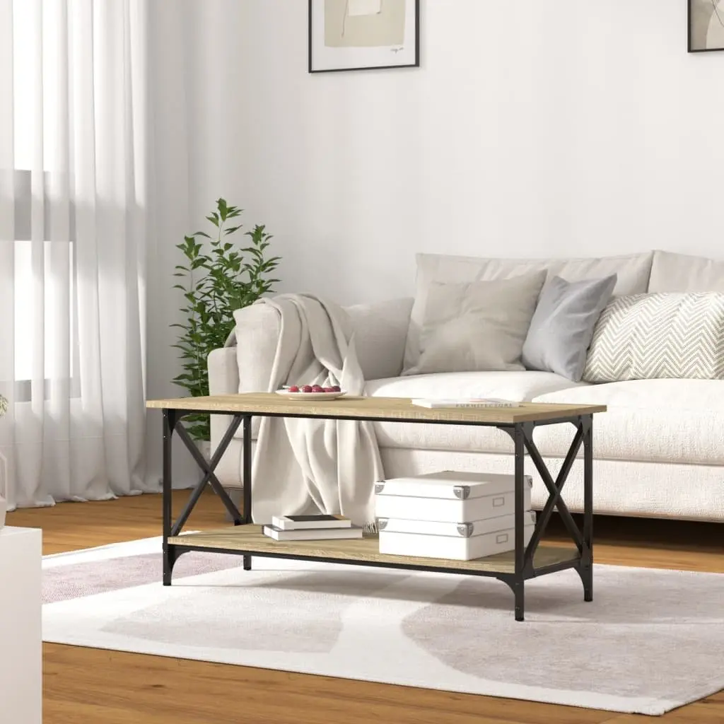 Coffee Table Brown Engineered Wood Iron Frame 100 x 45 x 45 cm