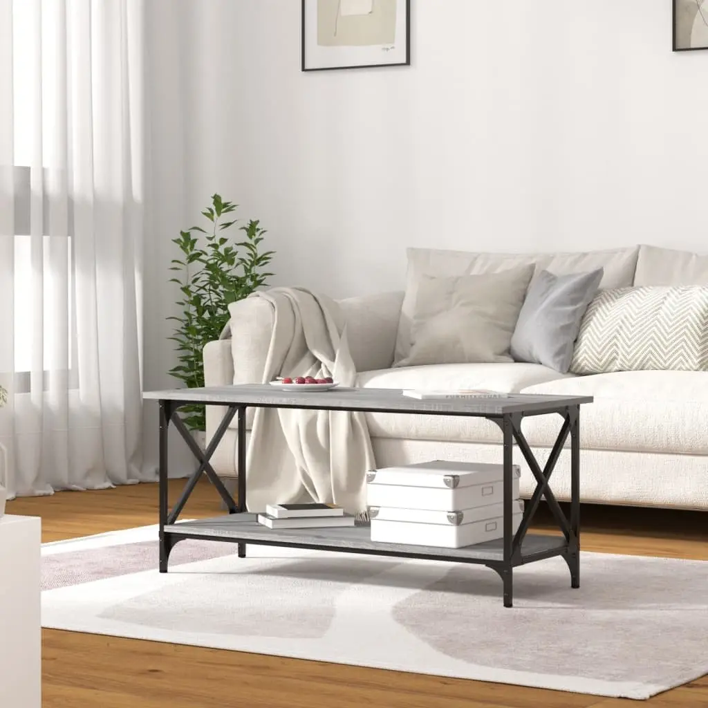 Coffee Table Grey Engineered Wood Open Shelf Storage 100 x 45 x 45 cm Iron Frame