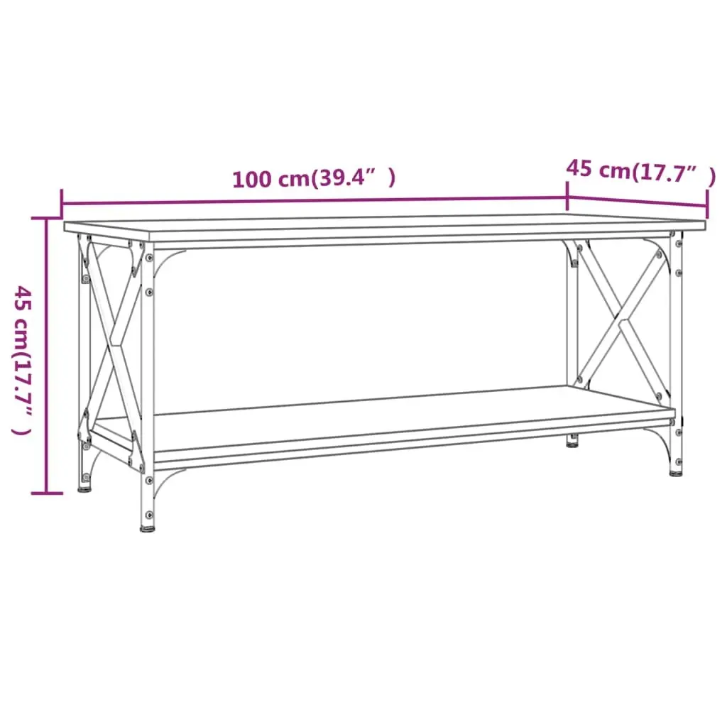 Coffee Table Grey Engineered Wood Open Shelf Storage 100 x 45 x 45 cm Iron Frame