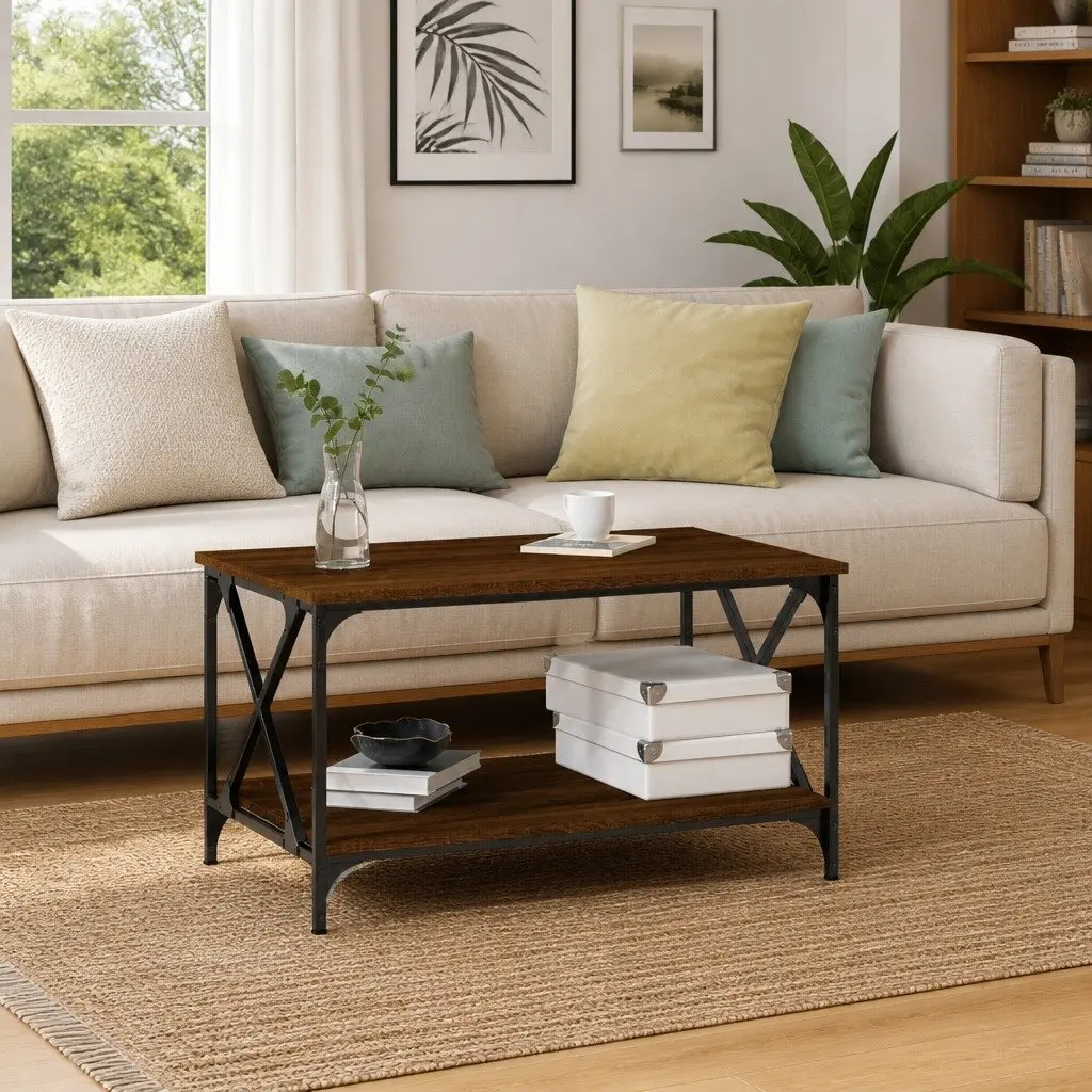 Coffee Table Brown Oak 80x50x45 cm Engineered Wood Iron Frame