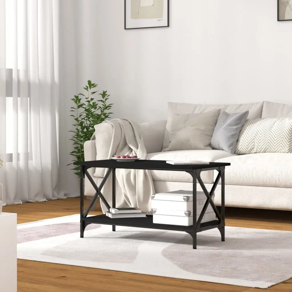 Coffee Table Black Iron Frame Engineered Wood Open Shelf 80x45x45cm