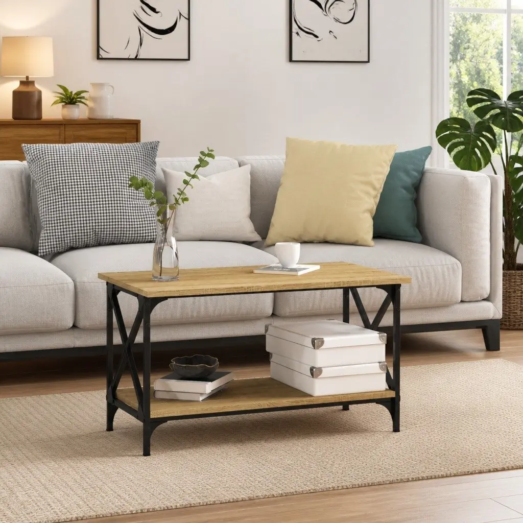 Coffee Table Brown Engineered Wood Open Shelf Living Room Storage