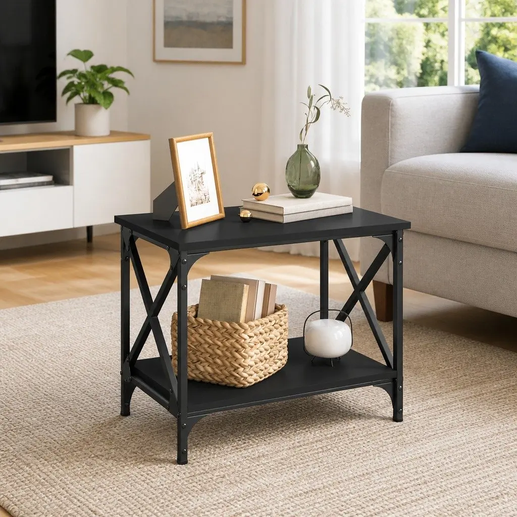 Side Table Black Engineered Wood Steel Frame Open Shelf Storage 55 x 38 x 45 cm
