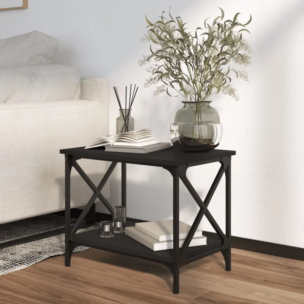 Side Table Black Engineered Wood Steel Frame Open Shelf Storage 55 x 38 x 45 cm
