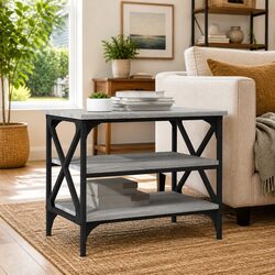 Grey Engineered Wood Side Table with Industrial Frame