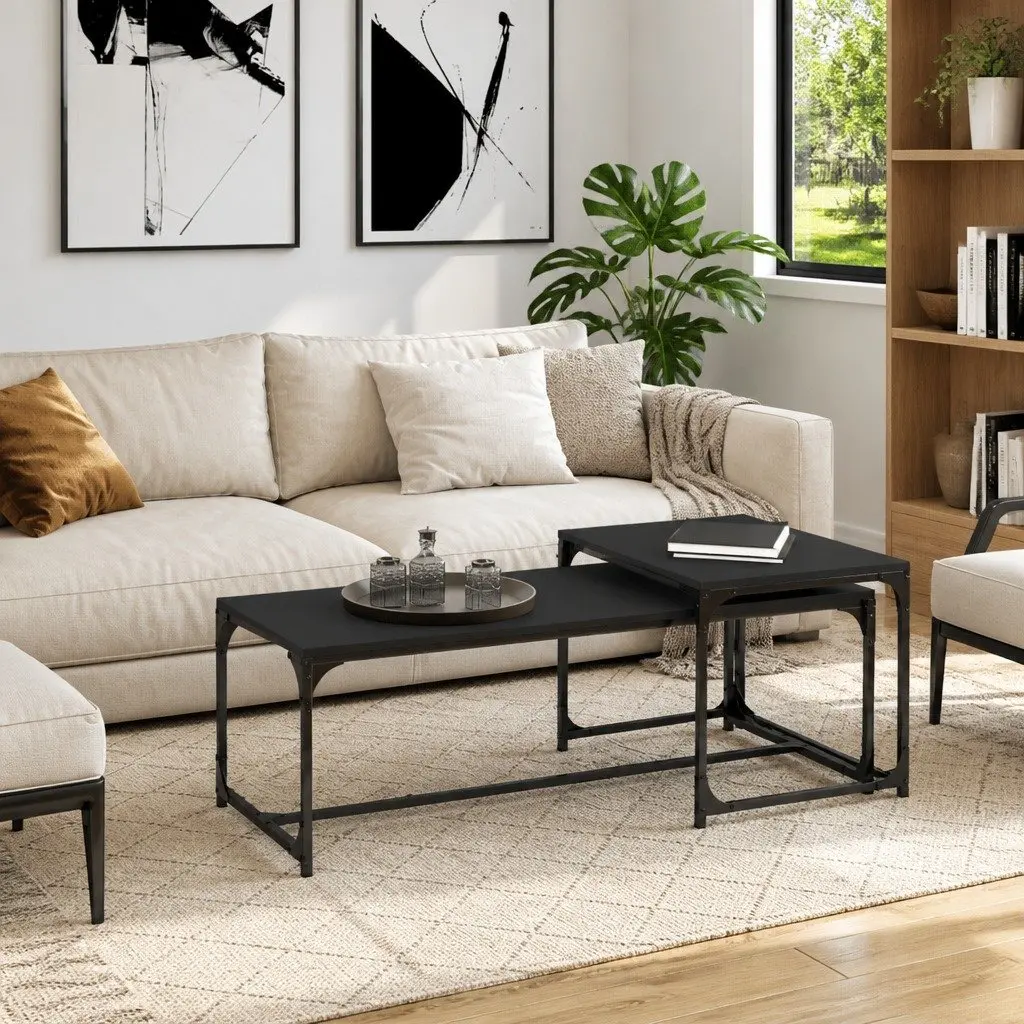 Coffee Tables Black Industrial 2 pcs Engineered Wood Steel Frame Adjustable Legs