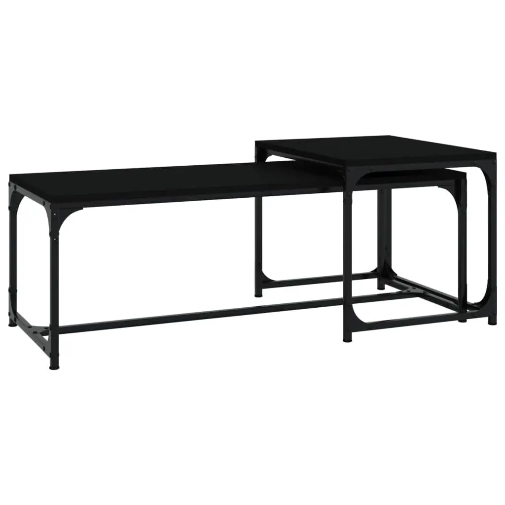 Coffee Tables Black Industrial 2 pcs Engineered Wood Steel Frame Adjustable Legs