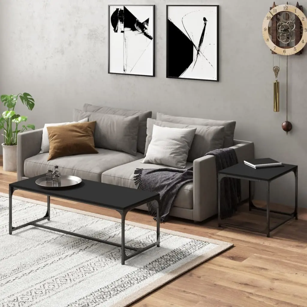 Coffee Tables Black Industrial 2 pcs Engineered Wood Steel Frame Adjustable Legs